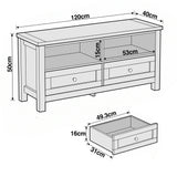 [Oak] Oskara TV unit line drawing showing overall dimensions of 120x50x40cm with drawer internal measurements of 49.3x31x16cm