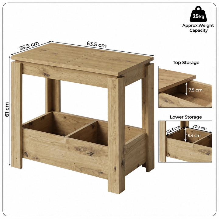 [Oak] Side table dimension diagram showing 63.5cm length, 35.5cm width, 61cm height and two storage detail insets.