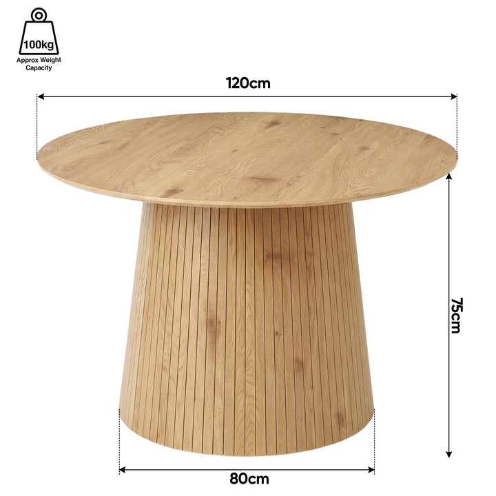 [Oak] Round dining table dimensions: 120cm diameter x 75H; 80cm base; 100kg capacity