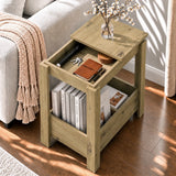 [Oak] Overhead view of open side table storage with keys, pens and a notebook, plus books in the lower compartment.