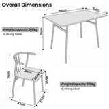 [Oak] Torvi dining table and chairs set dimension diagram showing 110x70x75cm table and 74cm high chair with 38x40cm seat and weight capacity label
