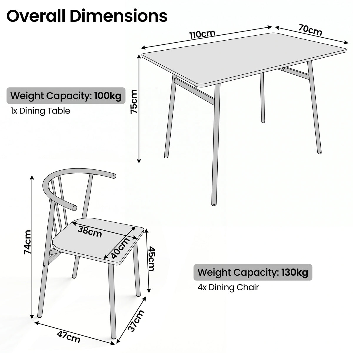 [Oak] Torvi dining table and chairs set dimension diagram showing 110x70x75cm table and 74cm high chair with 38x40cm seat and weight capacity label