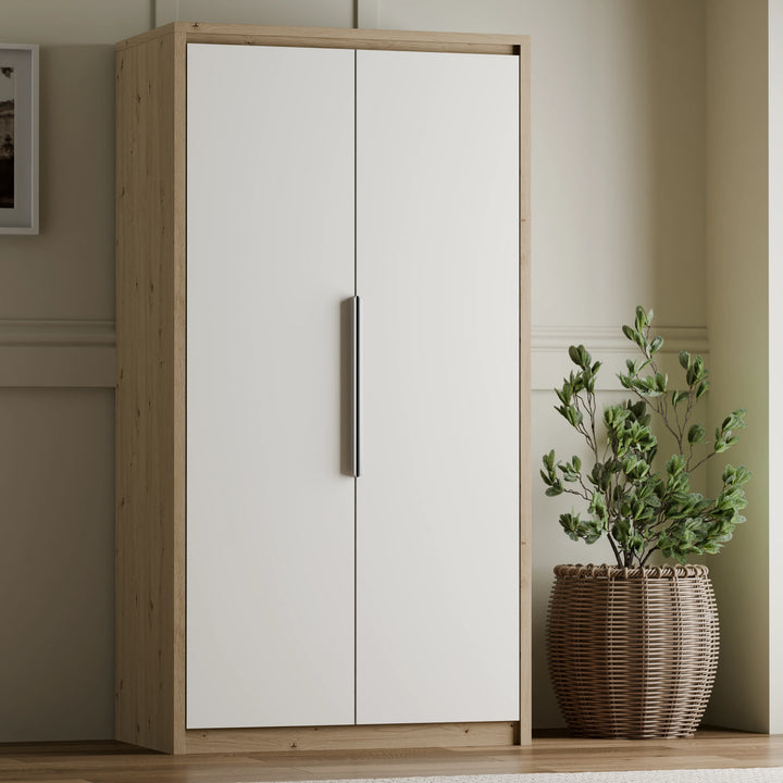 [Oak+White] Skova double wardrobe with modern scandi oak frame with white doors internal in bedroom