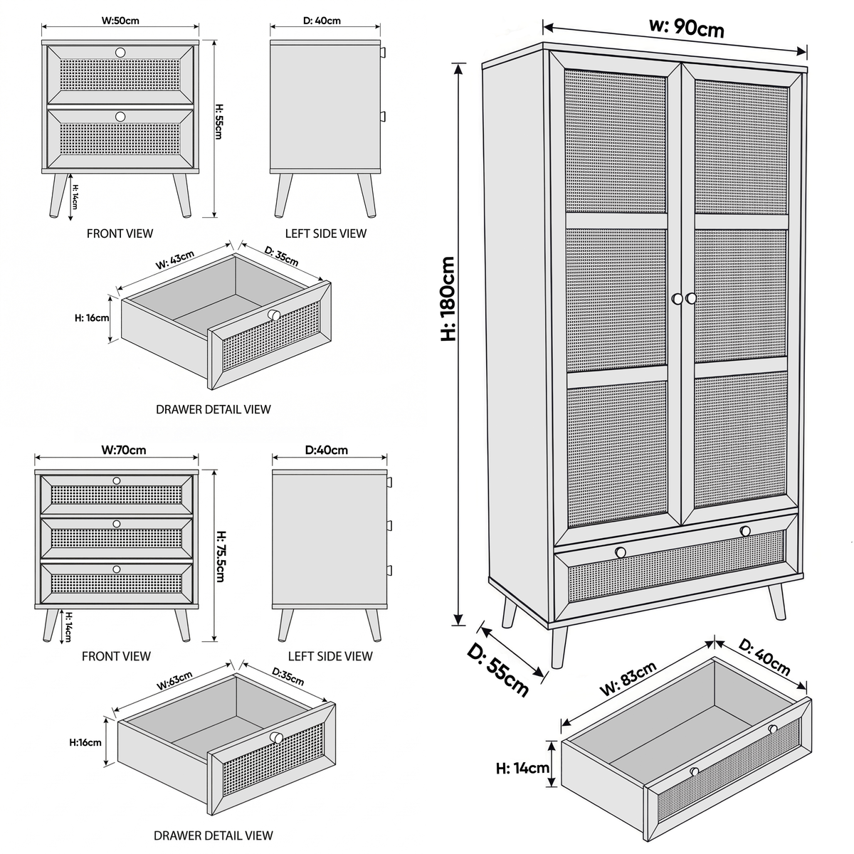 [Oak Effect] Wovena rattan bedroom furniture set: wardrobe 90 x 55 x 180, chest 70 x 40 x 75.5, bedside 50 x 40 x 55