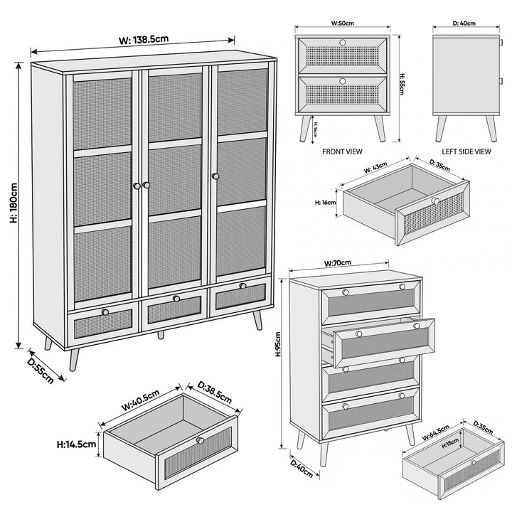 [Oak Effect] Wovena rattan bedroom furniture set: wardrobe 138.5x50x180, chest 70x40x95, bedside 40x35x50 cm