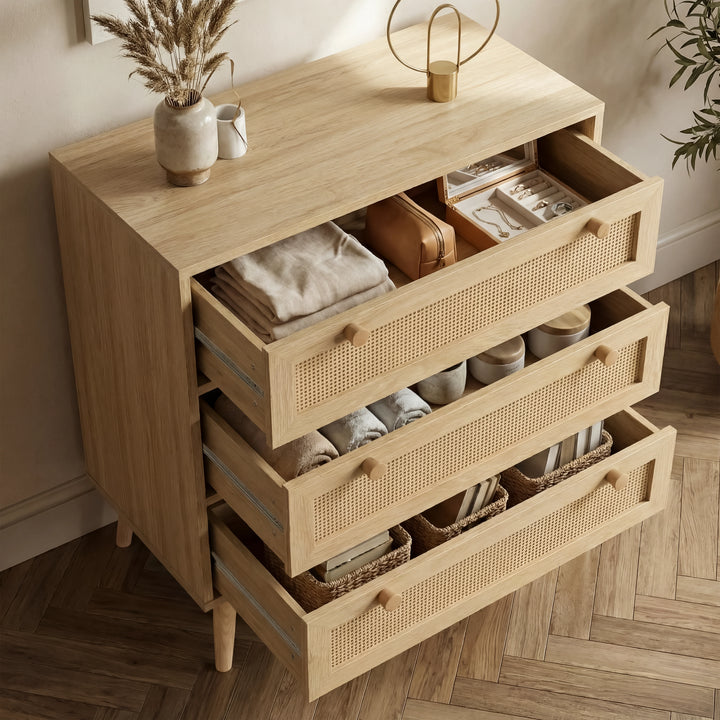 [Oak Effect] Wovena rattan bedroom furniture set 4 drawer chest with all drawers pulled open showing storage