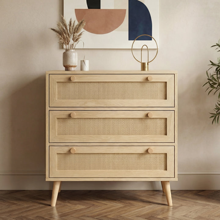[Oak Effect] Wovena rattan bedroom furniture set 4 drawer chest with cane panels and round natural pine knobs
