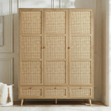 [Oak Effect] Wovena rattan wardrobe straight-on lifestyle shot with cream knit blanket draped on stool to its left