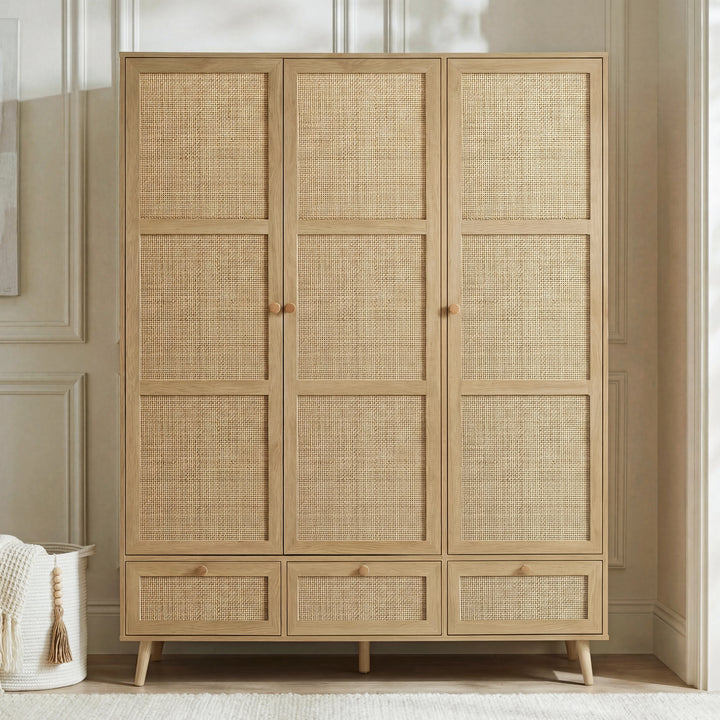 [Oak Effect] Wovena rattan bedroom furniture set 3 door wardrobe with rattan panels and 3 base drawers