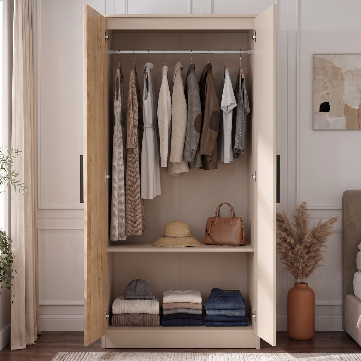 [Oak+Cashmere] Blythe 2 Door Wardrobe with Shelves and Hanging Rail doors open revealing hanging clothes and internal shelves.