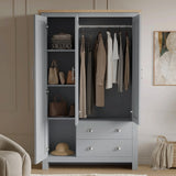 [Grey] Shaker Triple Wardrobe With Drawers And Shelves open revealing hanging clothes, shelves, hats.