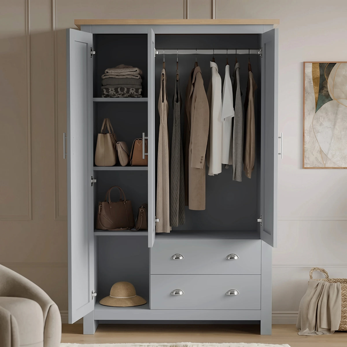 [Grey] Shaker Triple Wardrobe With Drawers And Shelves open revealing hanging clothes, shelves, hats.