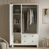 [White] Shaker Triple Wardrobe With Drawers And Shelves open showing clothing hanging on the rail and shelving