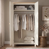 [White] Linra White Painted 3 Piece Bedroom Set - Oak Top open wardrobe showcasing the internal hanging space.