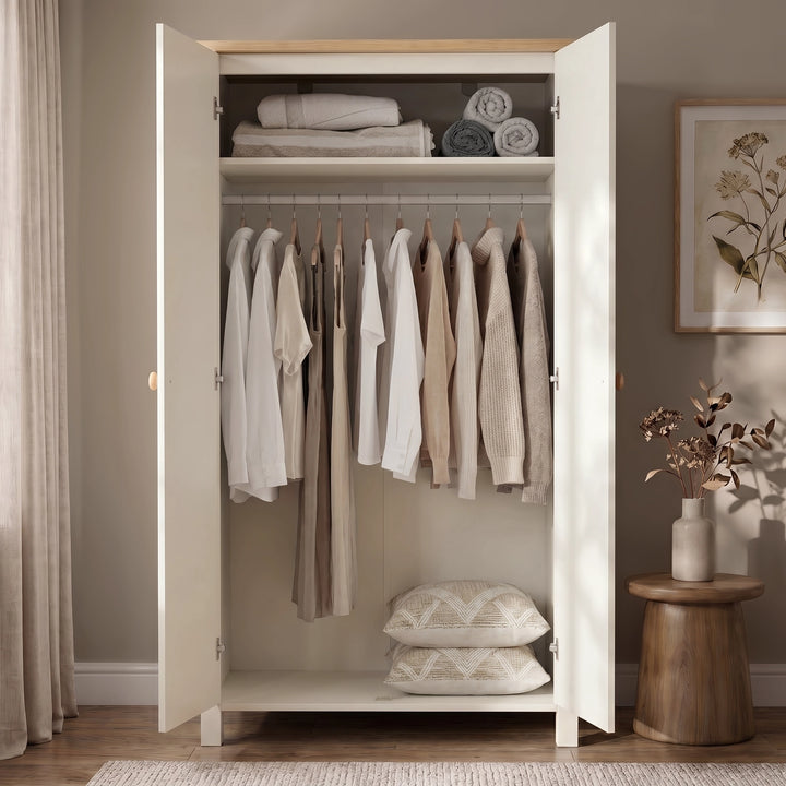 [White] Linra White Painted 3 Piece Bedroom Furniture Set - Oak Top open wardrobe showcasing the internal hanging space.