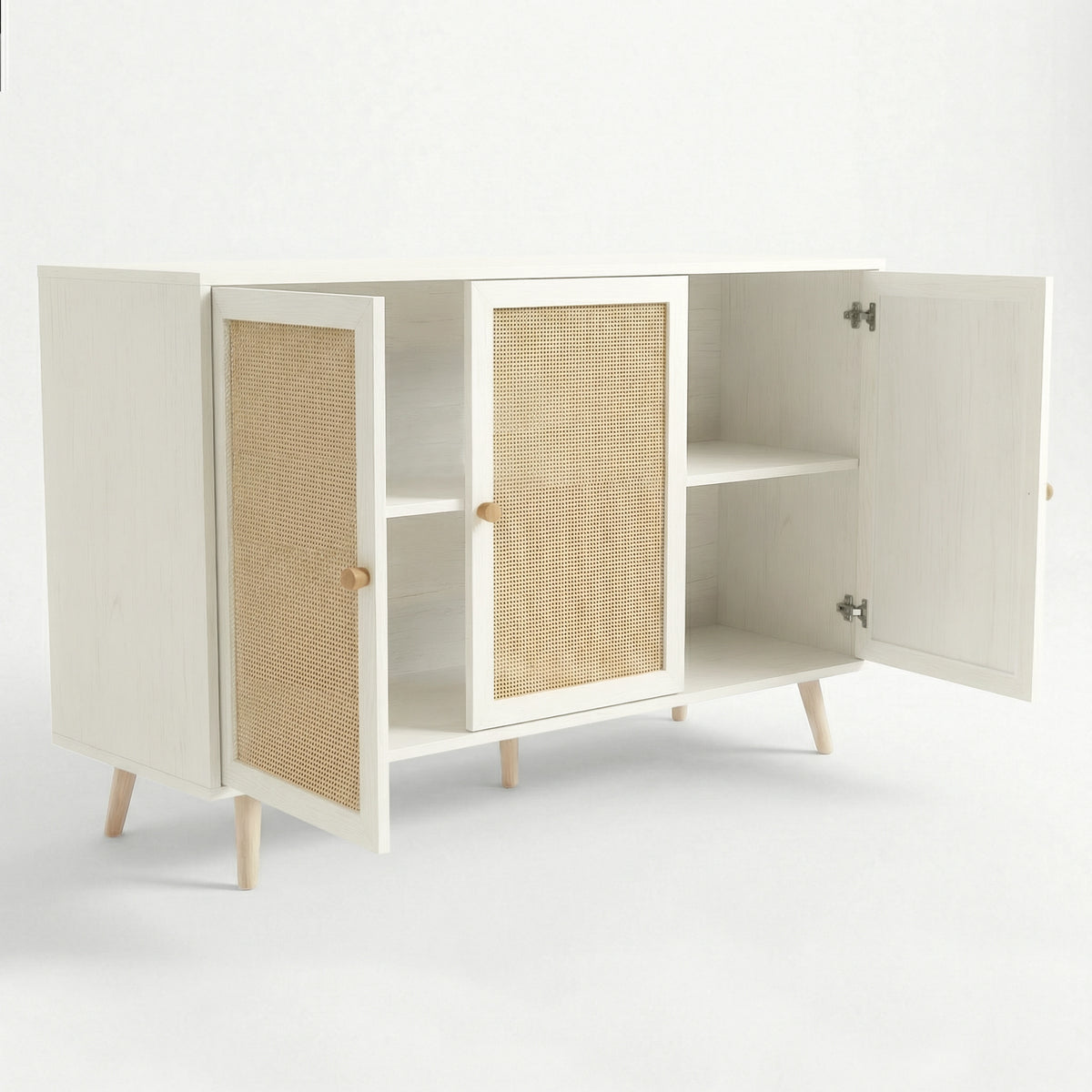 [White] Wovena Rattan 3 Door Sideboard - Adjustable Shelf White studio shot with all three doors open to show the interior shelf storage