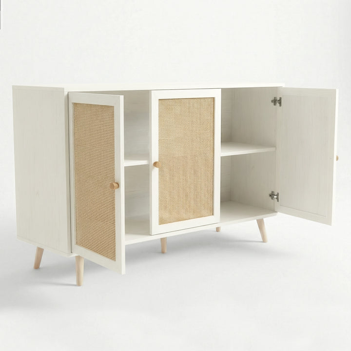 [White] Wovena Rattan 3 Door Sideboard - Adjustable Shelf White studio shot with all three doors open to show the interior shelf storage