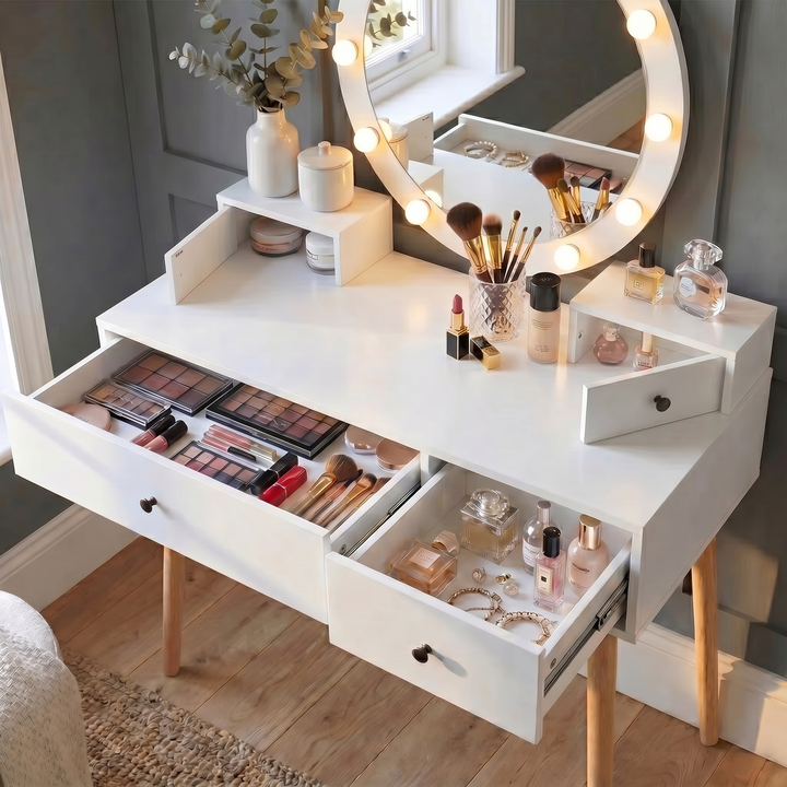 [White] Open Drawer Dressing table with LED bulbs Storage Makeup Accessories
