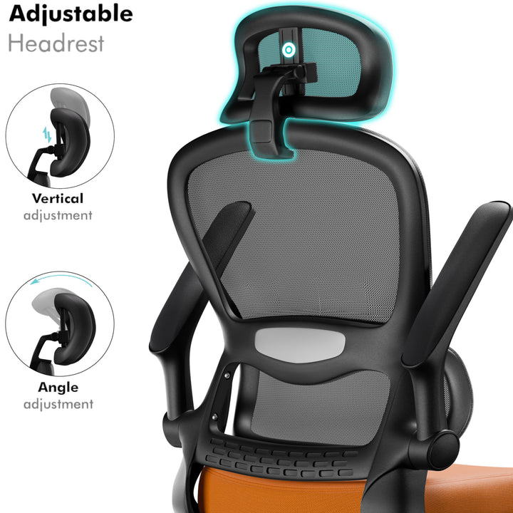 [Orange + Black] Orange and black high back office chair with adjustable headrest and sturdy five-wheel base.