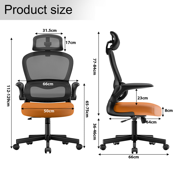 [Orange + Black] Dimensions of Orange and black comfortable desk chair : seat width 50 cm, depth 64 cm, and height  112-129 cm.