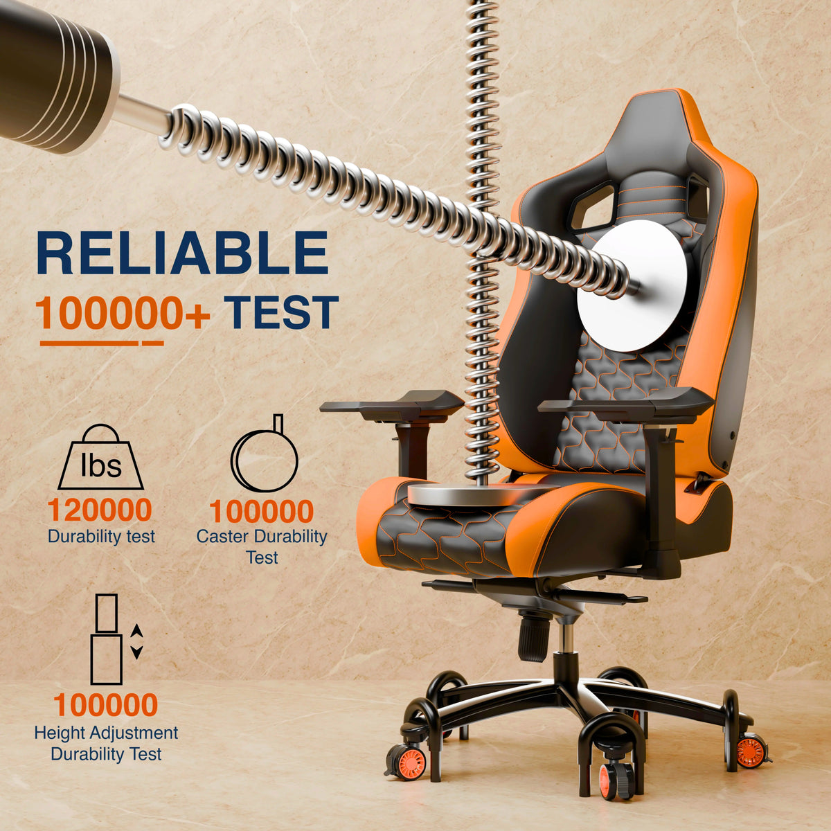 [Black + Orange] Ergonomic chair with durability testing elements on a beige background