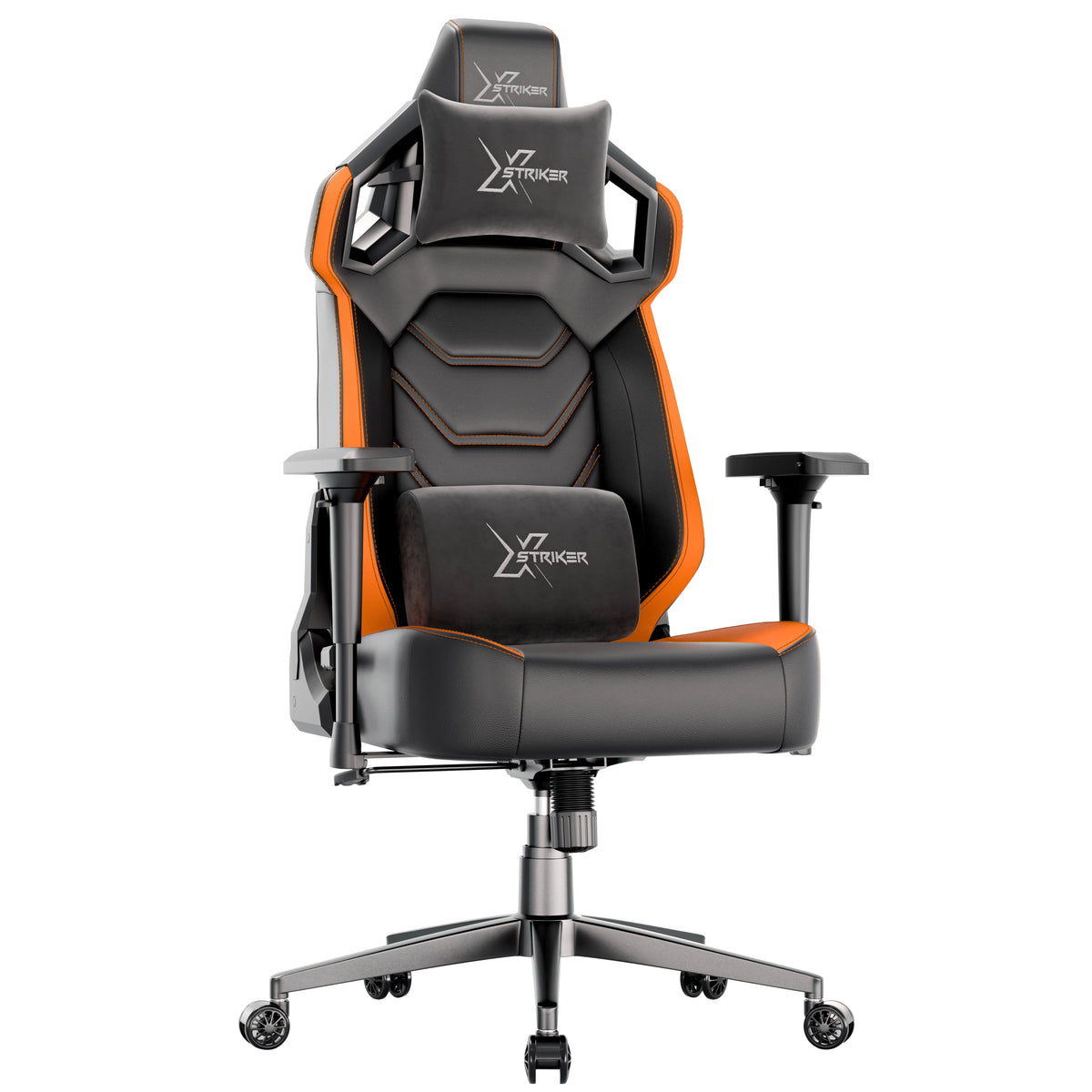 [Black + Orange] Xstriker Gaming Chair with ergonomic racing design, black and orange finish, 4D armrests, lumbar and neck support for long gaming sessions