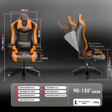 [Black + Orange] Gaming chair with dimensions and features displayed on a dark background