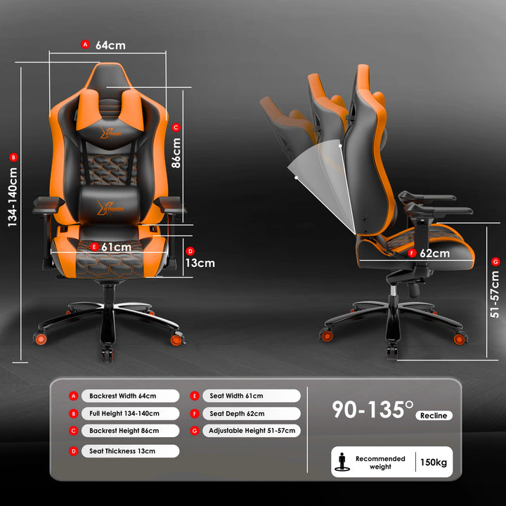 [Black + Orange] Gaming chair with dimensions and features displayed on a dark background
