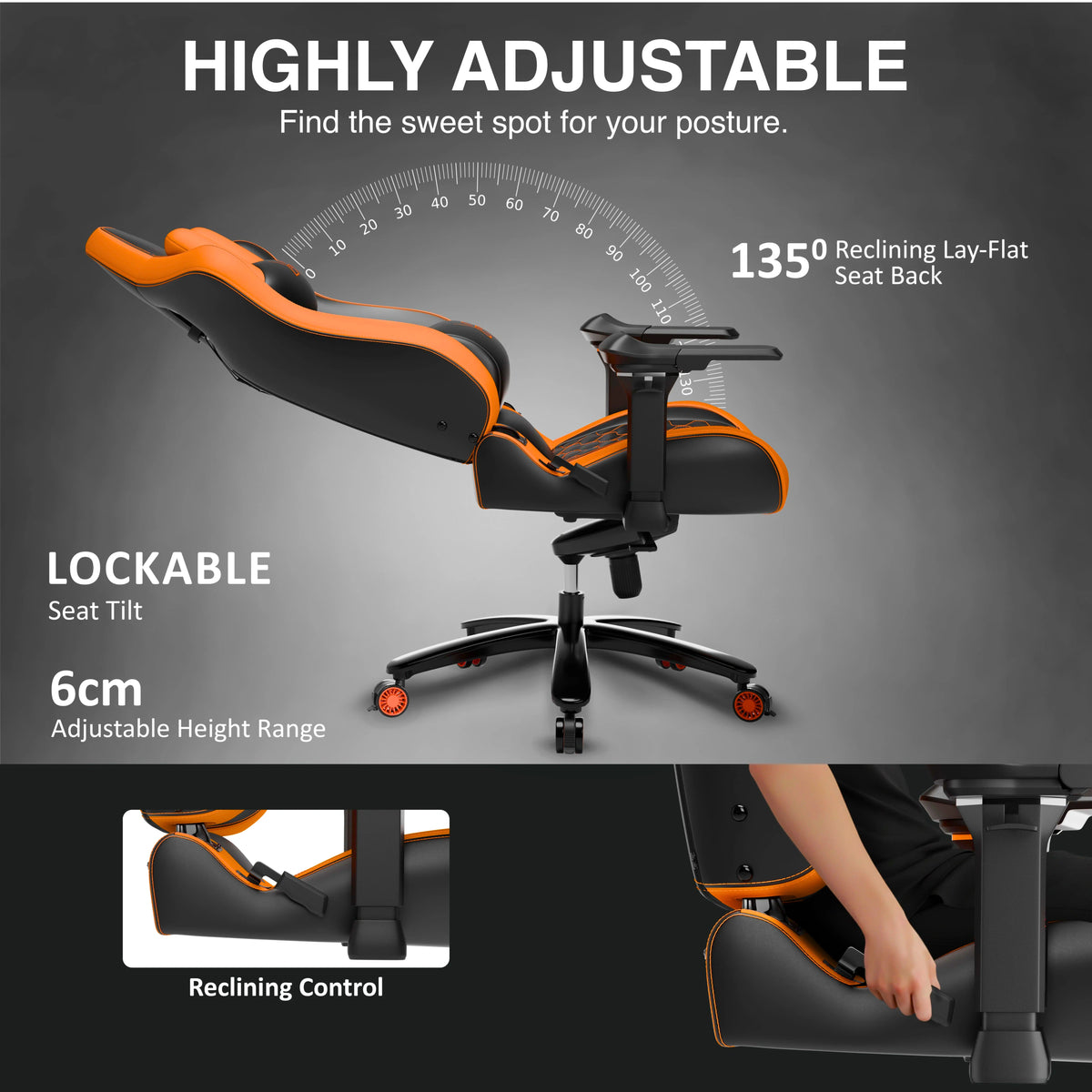 [Black + Orange] Ergonomic chair with adjustable features on a gray background