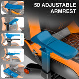 [Black + Orange] Blue 5D adjustable armrest on a gaming chair with feature illustrations.