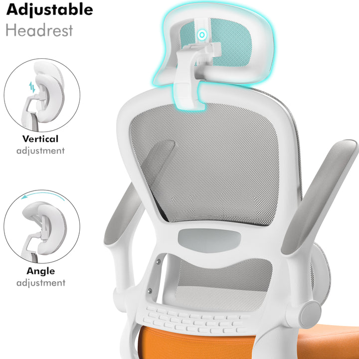 [Orange + Grey] Adjustable headrest on ergonomic mesh office chair with orange seat. Offers vertical and angle adjustments for personalized neck support.