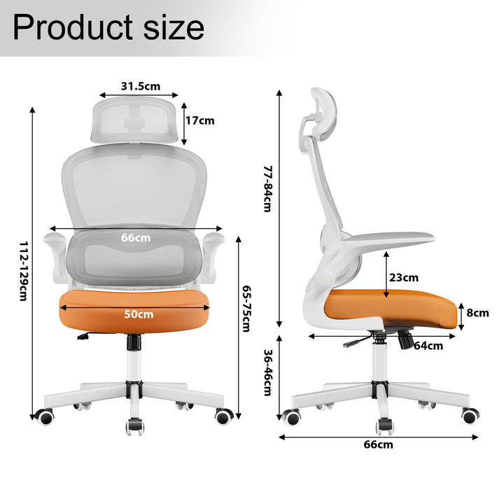 [Orange + Grey] Product dimensions of ergonomic mesh office chair with orange seat. Includes height, width, and depth measurements for accurate fit.