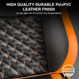 [Black + Orange] High-quality durable PU+PVC leather finish on a product with text highlighting comfort and sustainability.