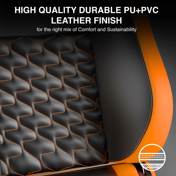 [Black + Orange] High-quality durable PU+PVC leather finish on a product with text highlighting comfort and sustainability.