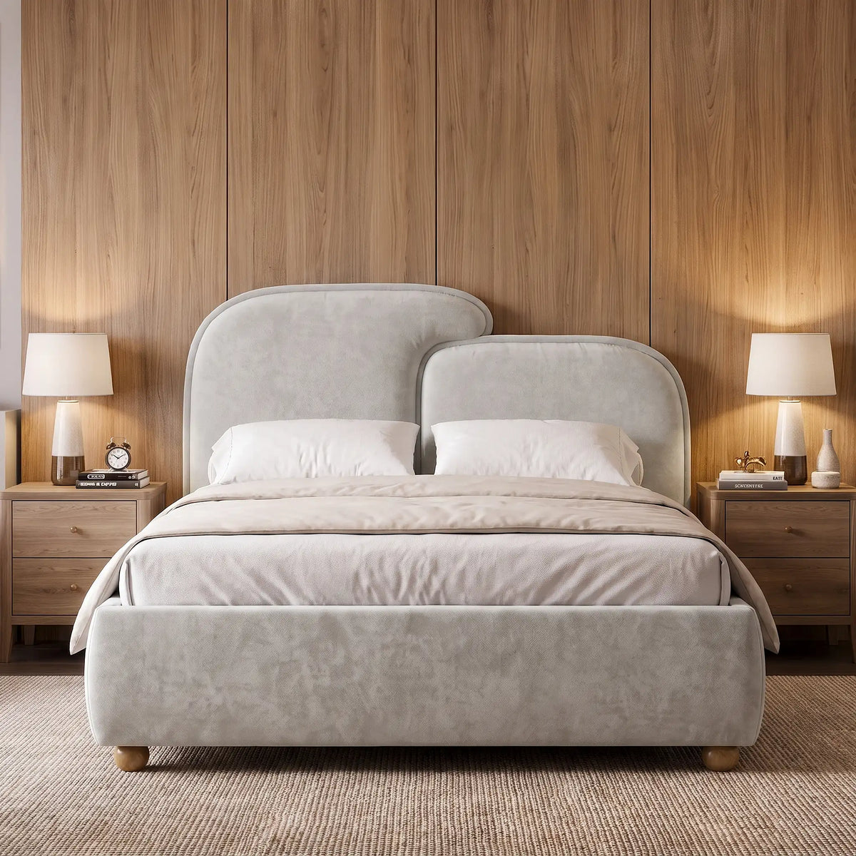 [King | Grey] Front view grey king ottoman bed frame centered between wooden nightstands with warm lamps and wall art