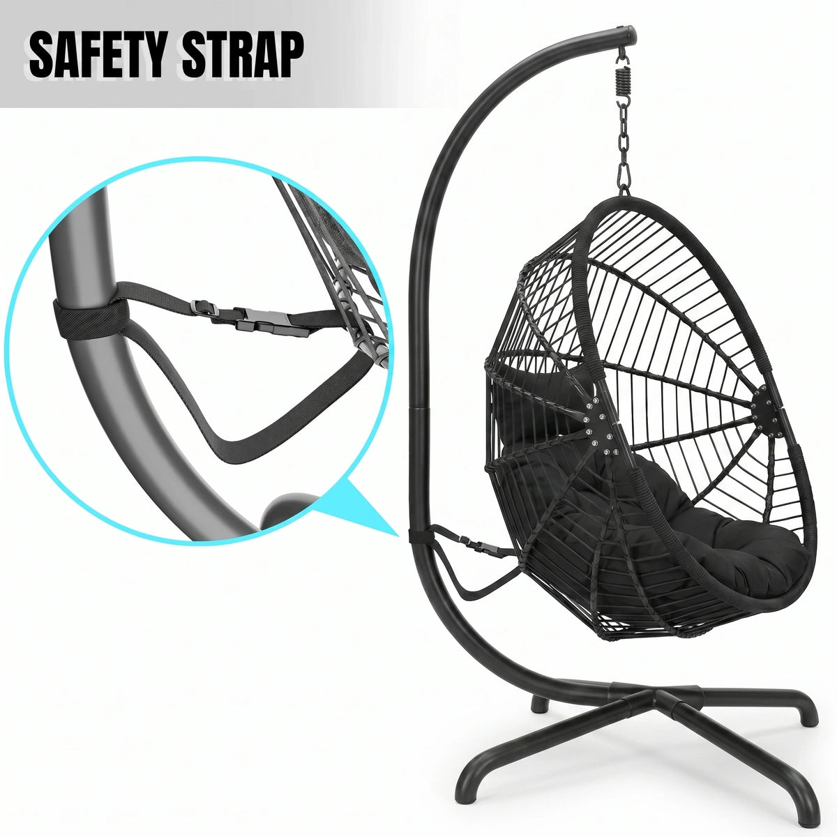 [Black] hanging chair with safety strap feature on a white background