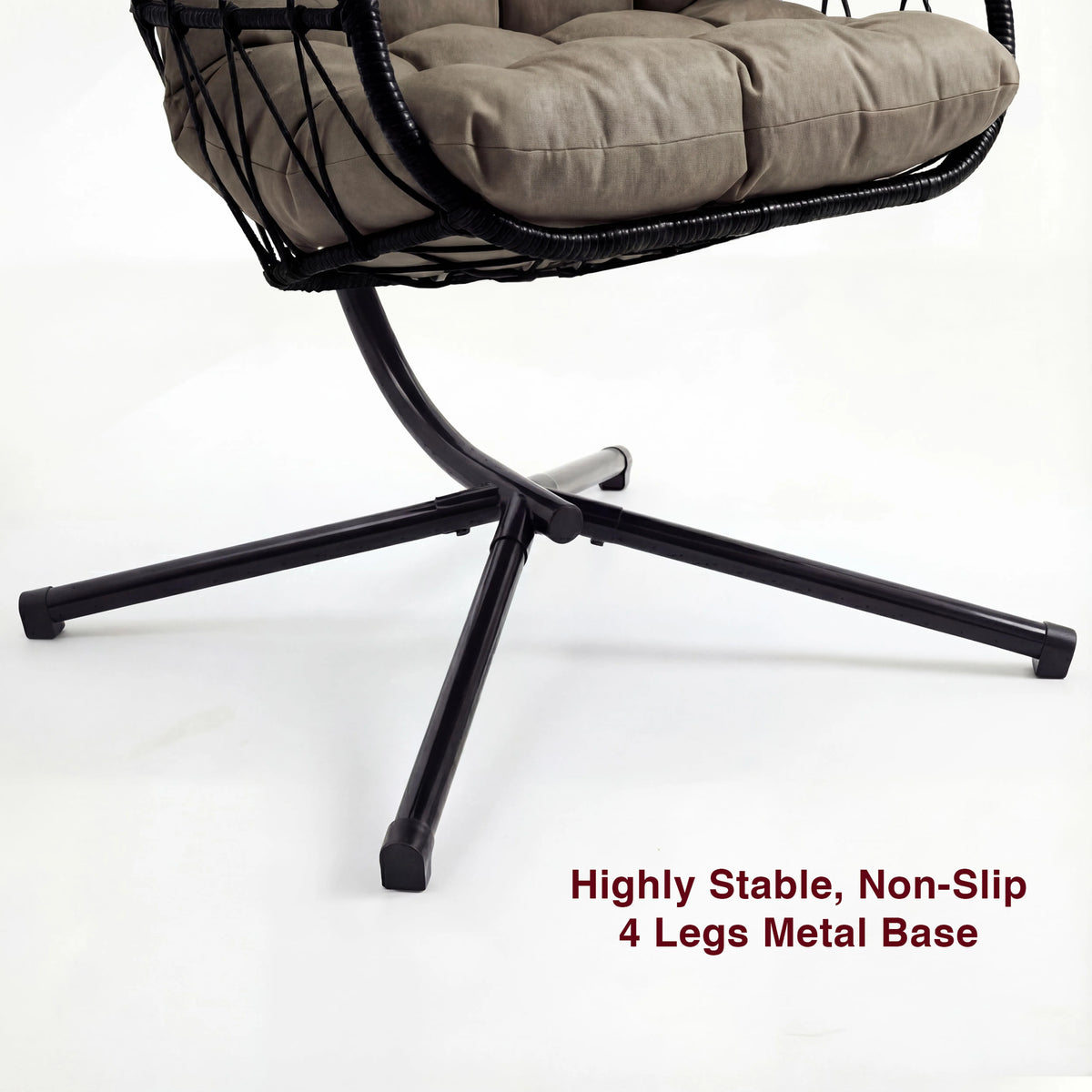 [Black] Close-up of black metal 4-leg base on foldable hanging egg chair with grey cushion in frame