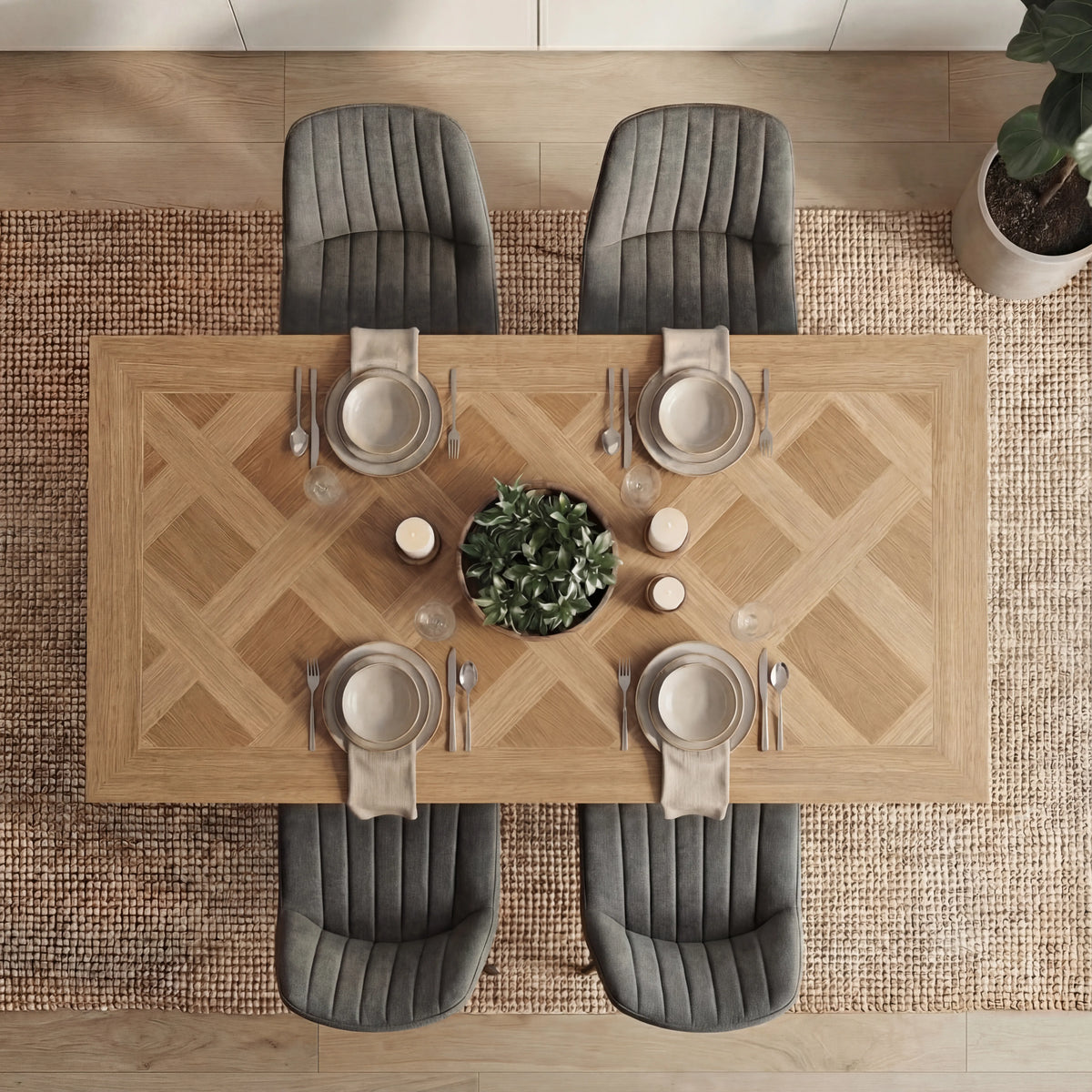 [4 Seater | Grey] Overhead shot of the Aldridge dining table with 4 grey chairs and diamond parquet wood top.