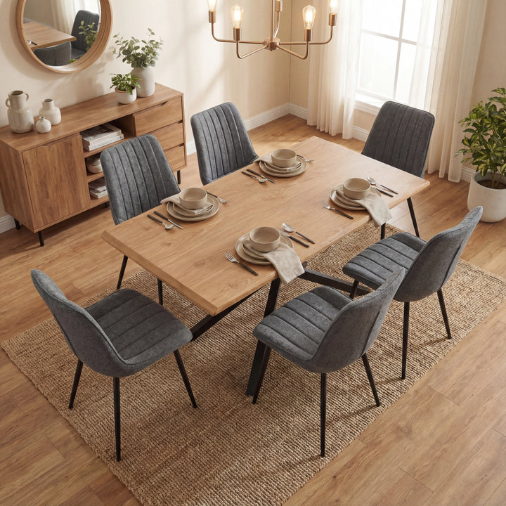 [6 Seater | Grey] Overhead view of Xylon oak table with 6 grey striped chairs and place settings
