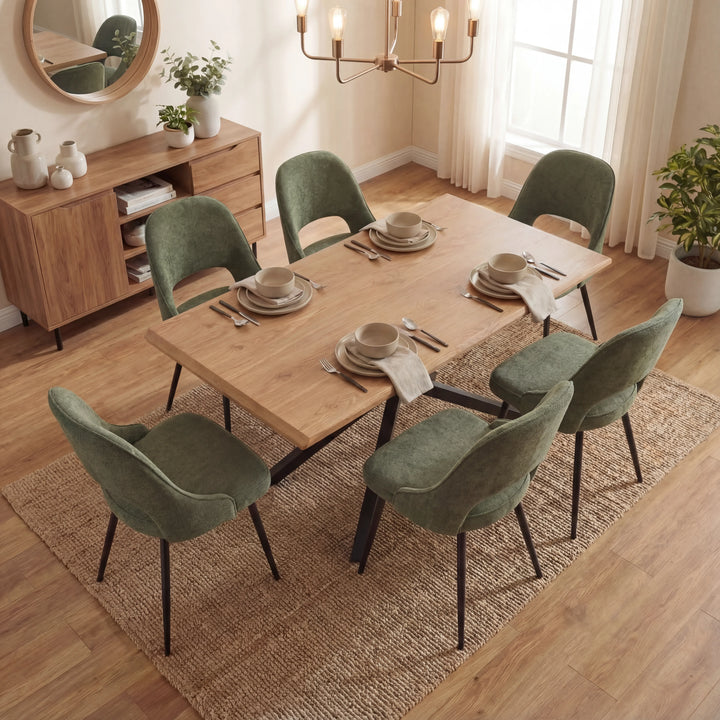 [6 Seater | Green]  Overhead view of Xylon dining set with 6 green chairs, wooden finish table and simple decor.