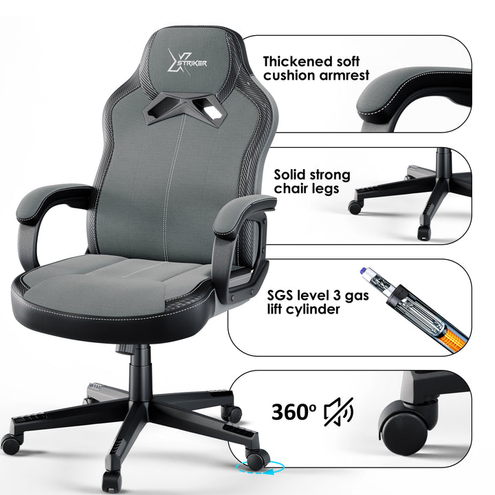 [Grey] Xstriker Kids Gaming Chair with thick padded armrests, solid chair legs, and SGS level 3 gas lift. Ideal small desk chair for home office or study use.