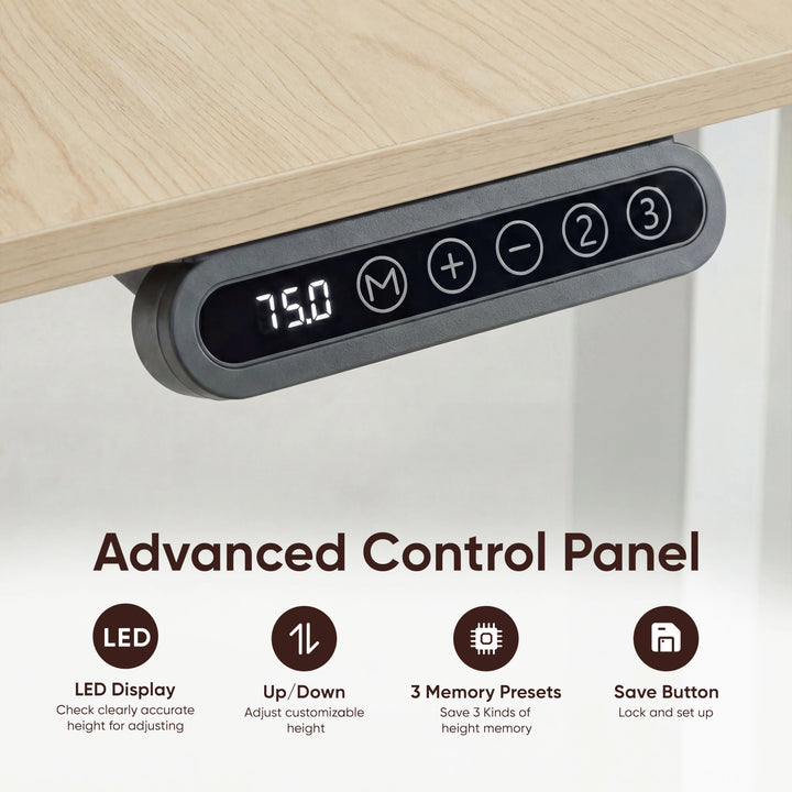 [120cm x 60cm] pine standing desk 120cm control box detail, LED height readout 75.0, motor button, memory preset 2 and 3 keys