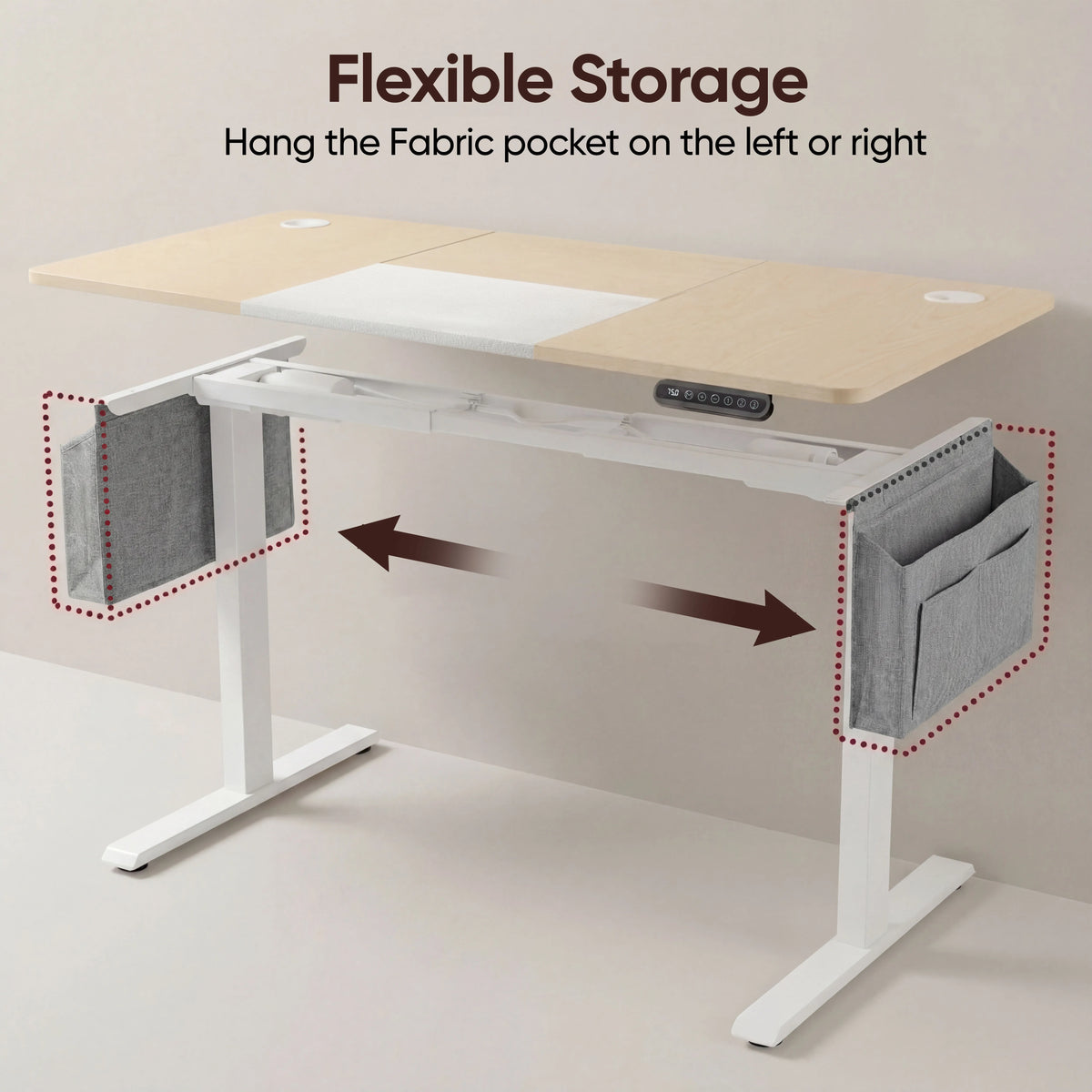 [120cm x 60cm] top-down on 120x60cm pine desk with grey fabric pocket on each side, red arrows showing swap option
