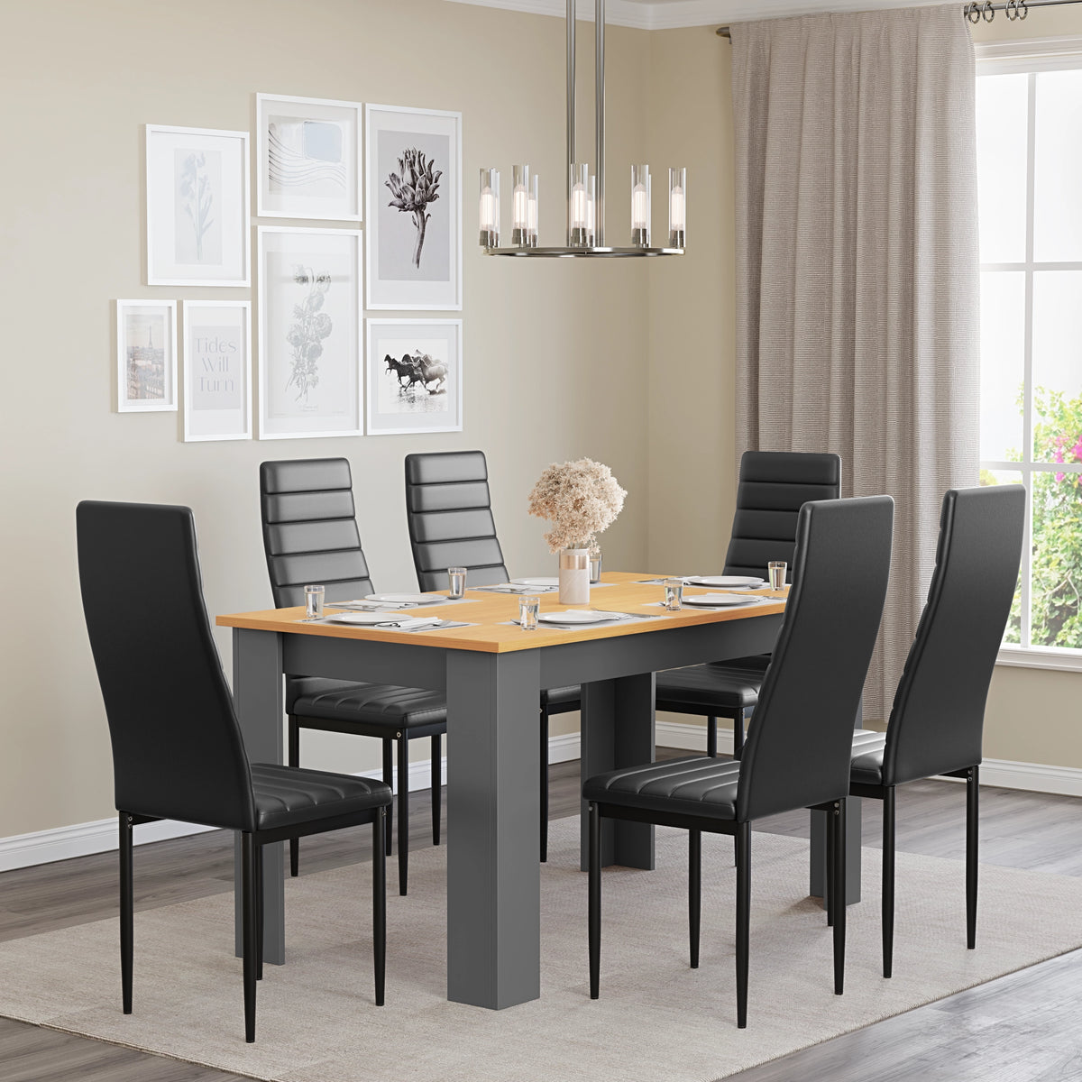[6 Seater | Black]  large pine dining table and chairs upholstered in black PU leather in a minimalistic dining room