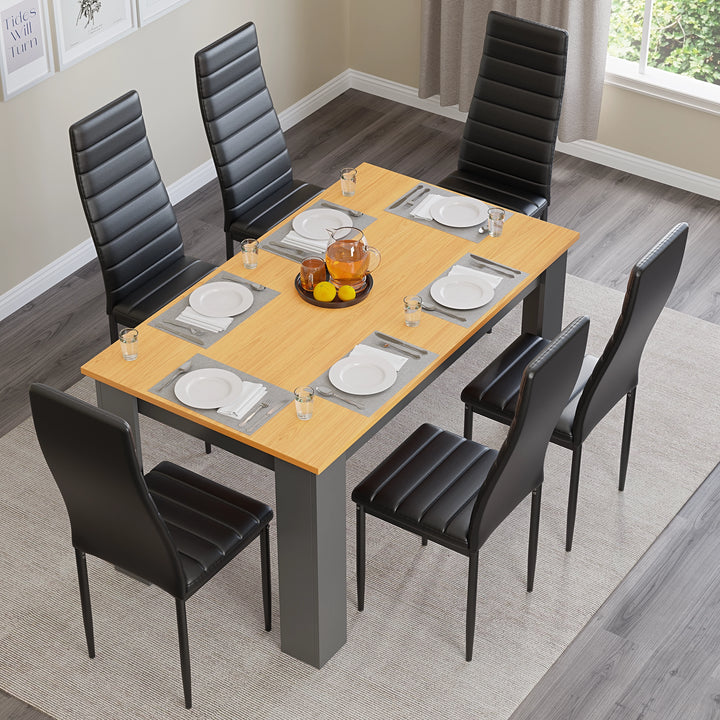 [6 Seater | Black] overhead view of grey pine wood garden table and 6 chairs with black leather upholstery and tableware