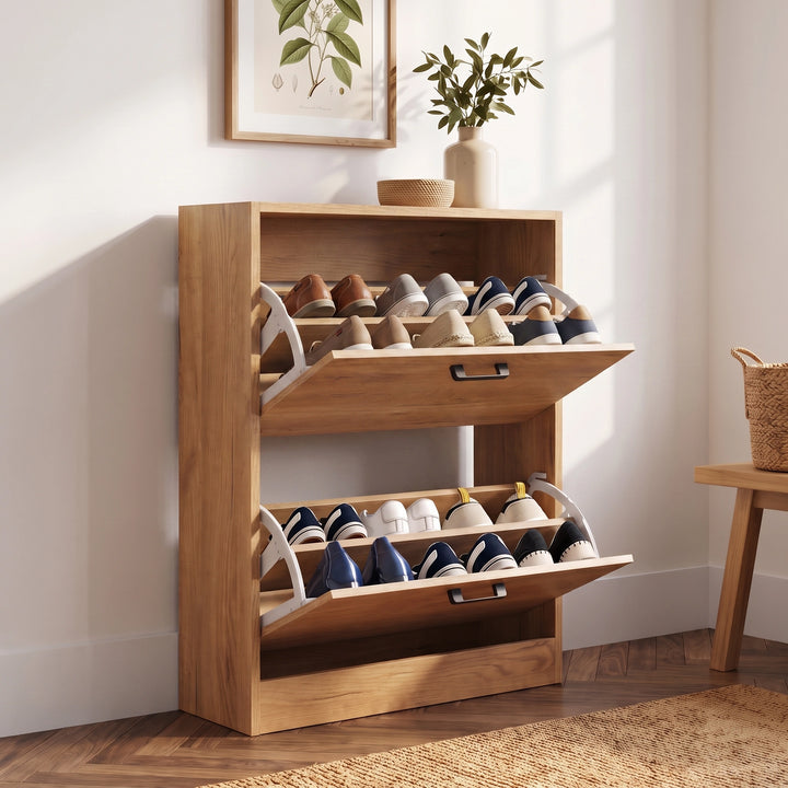 [Pine] shoe cabinet with two open shelves holding multiple pairs of shoes, placed in a bright room with a wall, framed print, vase, stool, and rug visible.