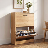 [Pine] Pine shoe cabinet 2 door with lower pull-down drawer open; decor and potted plant placed neatly on top.