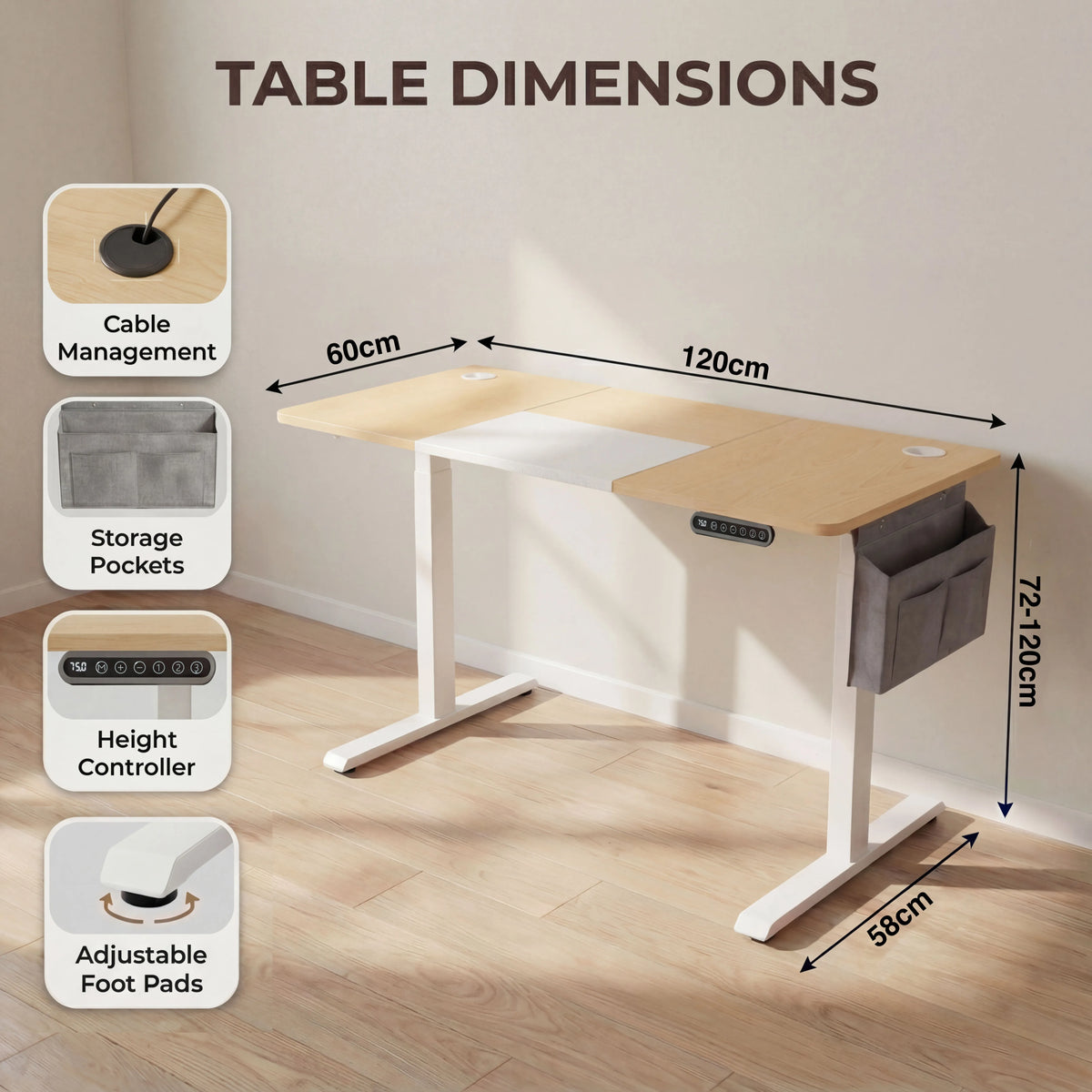 [120cm x 60cm] dimensions diagram pine standing desk 120cm width, 60cm depth, 72 to 120cm height adjustment range