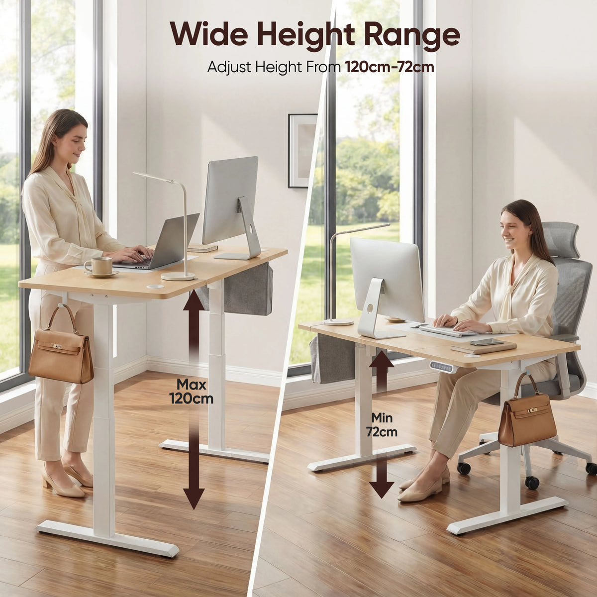 [120cm x 60cm] two-figure comparison around 120cm pine standing desk, max 120cm standing left, min 72cm seated right