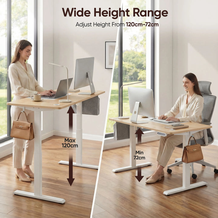 [120cm x 60cm] two-figure comparison around 120cm pine standing desk, max 120cm standing left, min 72cm seated right